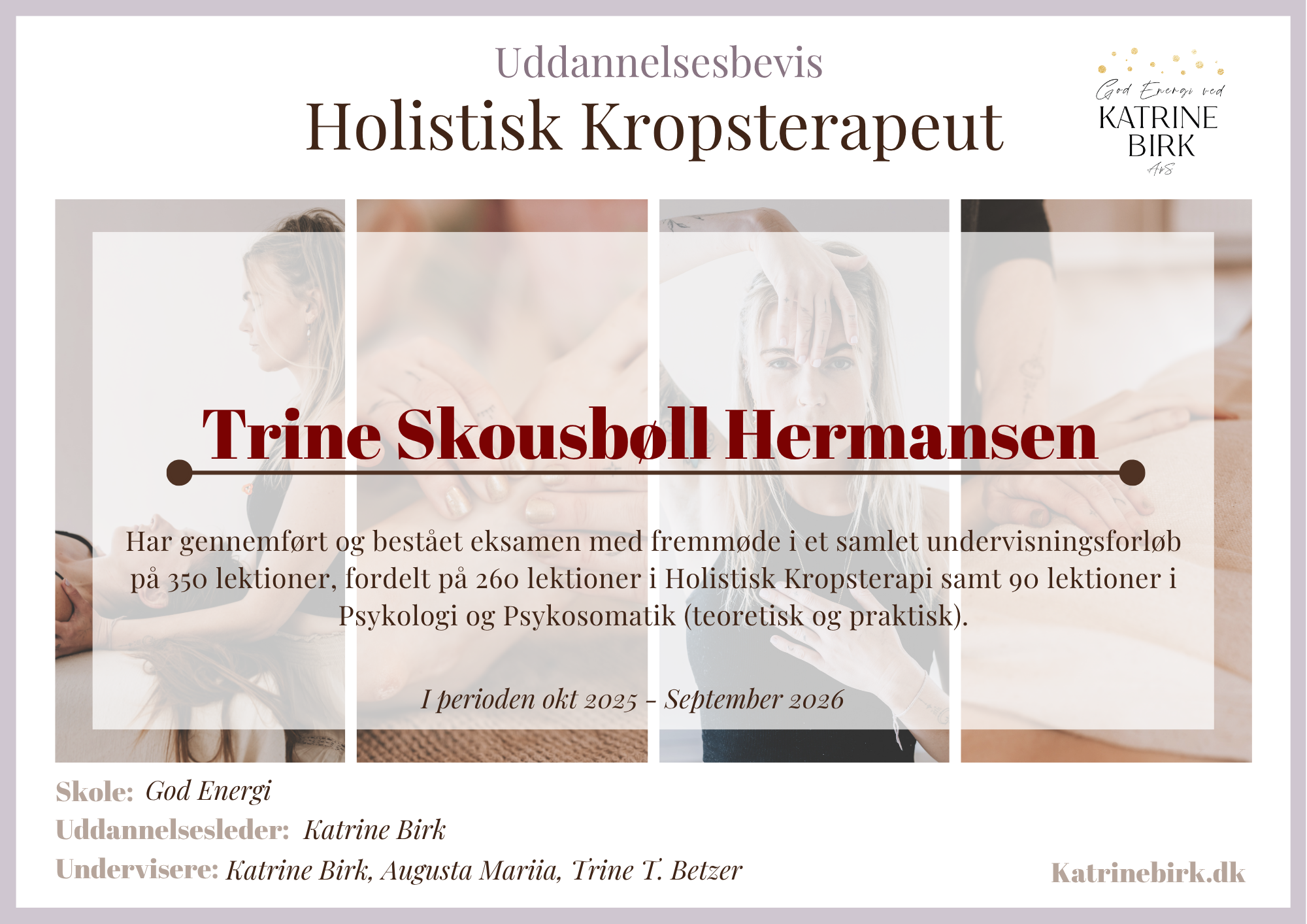 Uddannelsesbevis — Holistisk Kropsterapeut, Katrine Birk 2026
